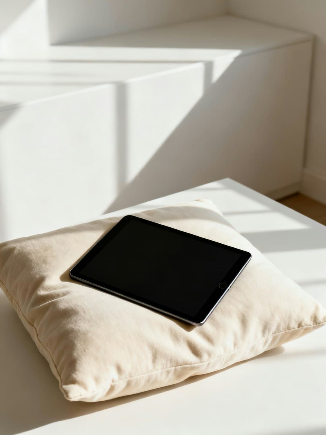 Tablet showing the Maison Tevre journal on a beige cushion in soft light