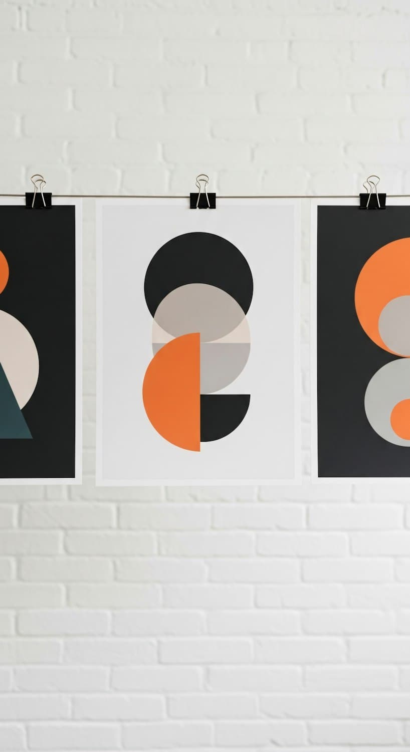Geometric campaign posters clipped to a white brick wall