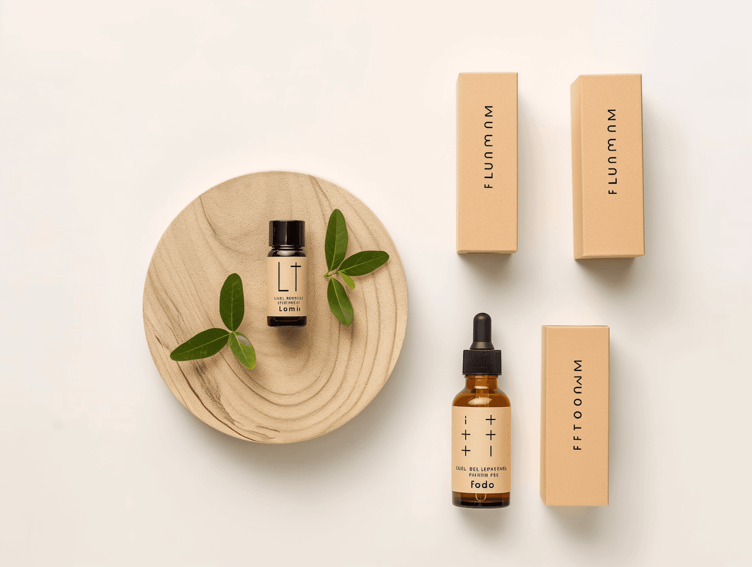 Halo skincare amber bottles and beige boxes on a wooden tray